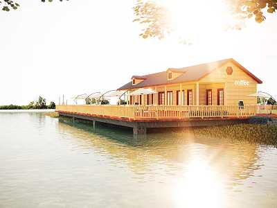 Scenic Wooden House by the Water with Wooden Pier and Sunlight Reflection 3d model