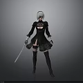 Woman in black lace dress with short white hair holding blue sword wearing long boots