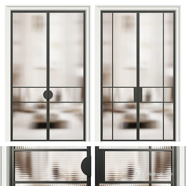 Modern Glass Partition Doors With Vertical Stripes And Black Metal Frames 3d model 
