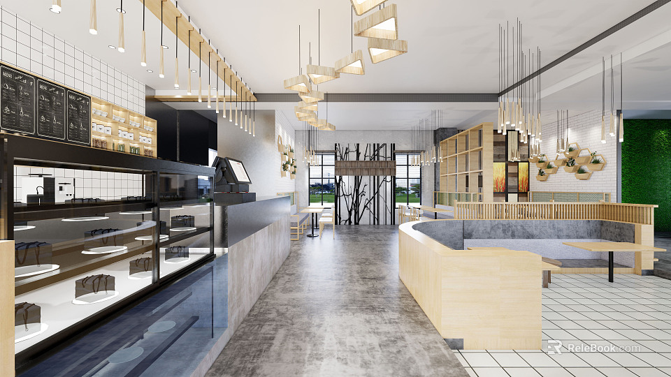 Modern Café Interior Design With Open Layout Wooden Decor And Pendant Lights 3d model 