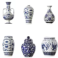 Traditional Blue And White Ceramic Vessels With Intricate Patterns And Diverse Shapes