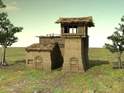 Ancient Traditional Building With Thatched Roof Tower Brick Walls Windows Trees And Grassland 3d model