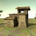 Ancient Traditional Building With Thatched Roof Tower Brick Walls Windows Trees And Grassland