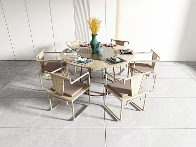 Modern Minimalist Round Dining Table Set with Six Wooden Chairs and Vase with Yellow Flowers 3d model