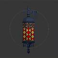 Vintage Iron Wall Mounted Lantern With Decorative Top And Stained Glass Red Yellow Diamond Pattern