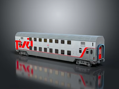 TRIX Silver Train Car with Multiple Windows Red Door and Reflective Surface on Gray Background 3d model
