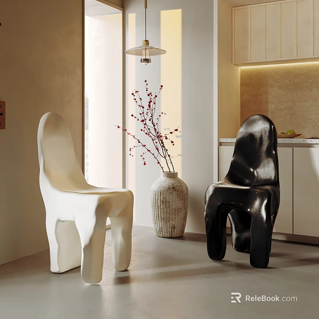 Modern Unique White And Black Dining Chairs In Kitchen Interior With Vase Branches 3d model 