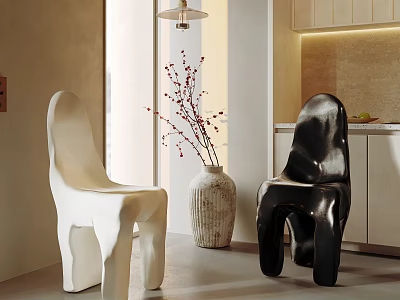 Modern Unique White And Black Dining Chairs In Kitchen Interior With Vase Branches 3d model