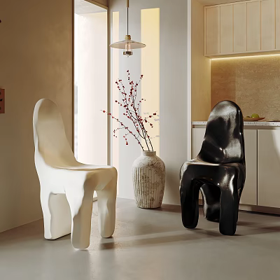 Modern Unique White And Black Dining Chairs In Kitchen Interior With Vase Branches 3d model