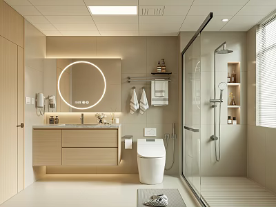 Modern Bathroom Interior With Round Mirror Vanity Glass Shower And Natural Light 3d model