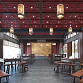 Chinese Restaurant Interior With Red Roof Beams Red Lanterns And Traditional Wooden Furniture