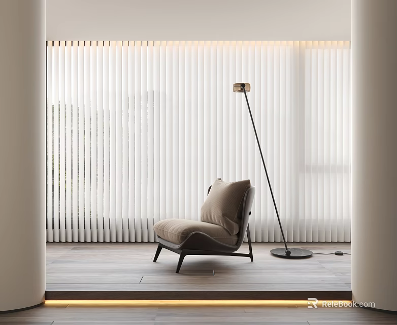 Comfortable Single Sofa In Bright Room With Vertical Blinds And Floor Lamp 3d model 