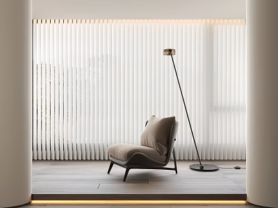 Comfortable Single Sofa In Bright Room With Vertical Blinds And Floor Lamp 3d model