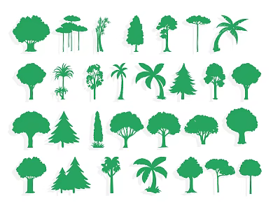 Green Tree Silhouette Wall Decor Collection of Various Tree Shapes for Home Interior 3d model