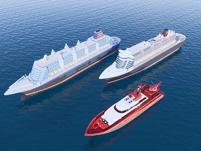 Three Elegant Luxury Yachts Sailing Smoothly on Calm Blue Sea Surface 3d model