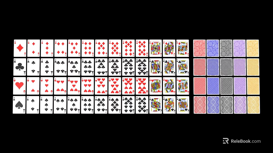 Full Deck Playing Cards With Various Suits And Red Blue Gray Back Patterns 3d model 