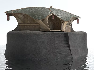 Future Architecture Floating On Water With Unique Curved Roof And Steps 3d model