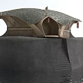 Future Architecture Floating On Water With Unique Curved Roof And Steps