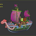 Cartoon Style Pirate Ship with Skull Design Sails Colorful Flags Green Plants and Decorative Bow