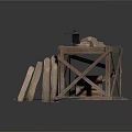 Sculpture Carving Workbench With Stone Blocks Stacked Wooden Planks And Small Lantern On Gray Mat