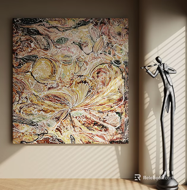 Modern Abstract Oil Painting With Colorful Warm Patterns And Metal Sculpture Shadow On Light Wall 3d model 