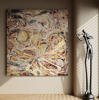 Modern Abstract Oil Painting With Colorful Warm Patterns And Metal Sculpture Shadow On Light Wall 3d model