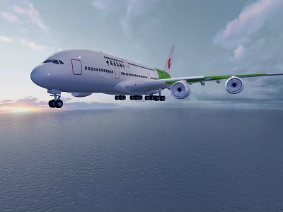 Saudia Passenger Airplane With White Green Livery Flying Over Sea At Sunset 3d model