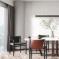 Modern Dining Table Set With Rectangular White Table Brown Chairs Pendant Light And Potted Plant 3d model