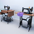Two Vintage Singer Industrial Sewing Machines With Wooden Tables Metal Frames And Colored Fabrics