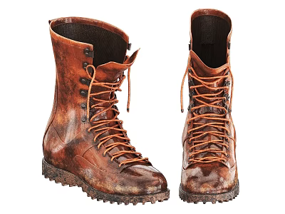 Brown Leather Hiking Boots With Thick Non Slip Sole And Laces 3d model