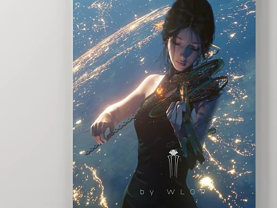 Starry Cosmic Portrait of Woman in Black Dress with Violin Glowing Chains and Detailed Background 3d model