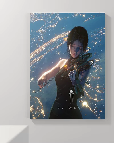 Starry Cosmic Portrait of Woman in Black Dress with Violin Glowing Chains and Detailed Background 3d model