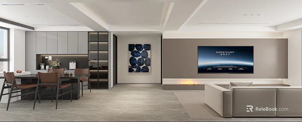 Modern Open Living Dining Room Interior With Gray Sofa TV Wall And Decorative Artwork 3d model 