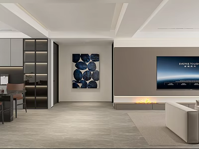 Modern Open Living Dining Room Interior With Gray Sofa TV Wall And Decorative Artwork 3d model