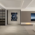 Modern Open Living Dining Room Interior With Gray Sofa TV Wall And Decorative Artwork