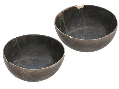 Rustic Vintage Tableware Set Featuring Two Unique Black Cracked Bowls Design 3d model