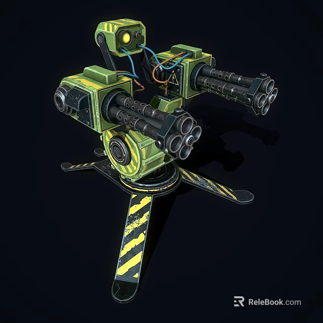 Green Mechanical Weapon with Multiple Barrels Yellow Black Warning Stripes and Support Base 3d model
