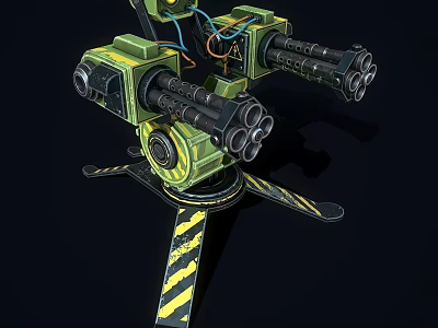 Green Mechanical Weapon with Multiple Barrels Yellow Black Warning Stripes and Support Base 3d model