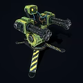 Green Mechanical Weapon with Multiple Barrels Yellow Black Warning Stripes and Support Base 3d model