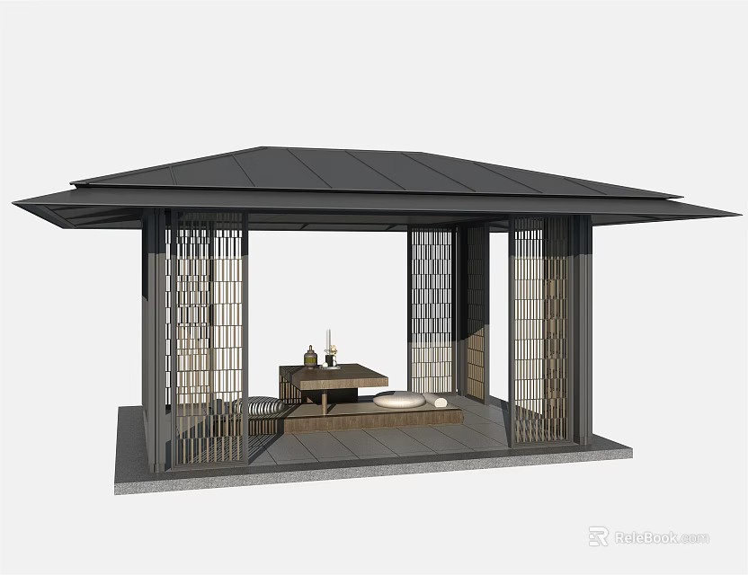 Traditional Japanese Wooden Pavilion With Black Roof Lattice Doors Table And Tea Set 3d model 