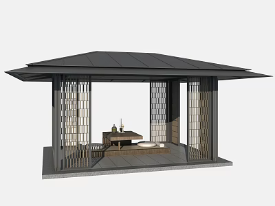 Traditional Japanese Wooden Pavilion With Black Roof Lattice Doors Table And Tea Set 3d model