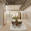Light Colored Clothing Store Interior With Hanging Clothes Mirror Green Plants And Vases On Table