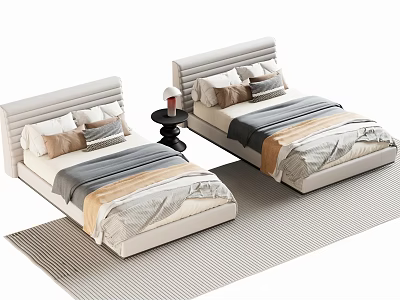 Modern Single Bed Interior With Upholstered Headboard Pillows And Beddings Nightstand Lamp And Striped Rug 3d model