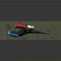 Colorful Metal Weapon With Red Blue Components Sharp Blade On Green Rusty Stand
