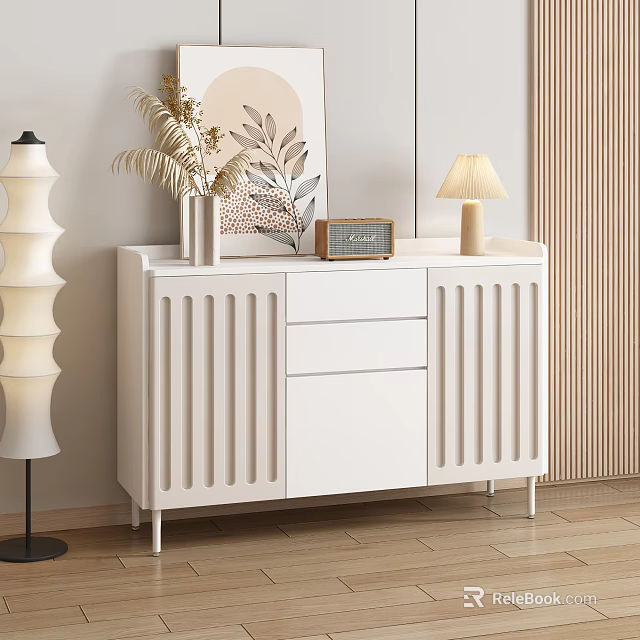 Modern White Sideboard with Decorative Vase Plant Table Lamp and Radio in Stylish Interior 3d model 