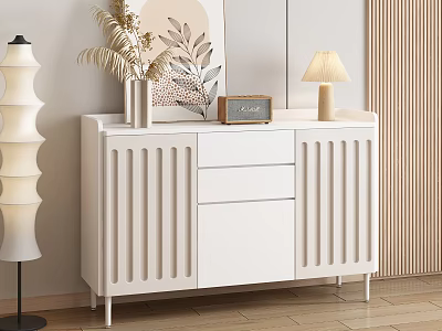 Modern White Sideboard with Decorative Vase Plant Table Lamp and Radio in Stylish Interior 3d model