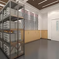 Server Room Interior With Yellow Racks Gray Servers Wooden Ceiling And Metal Shelves