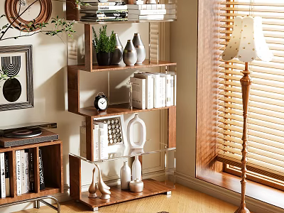 Modern Wooden Glass Shelf Bookcase With Books Potted Plant And Decorative Items 3d model