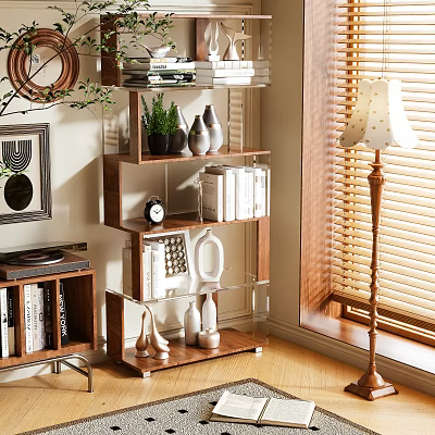 Modern Wooden Glass Shelf Bookcase With Books Potted Plant And Decorative Items 3d model