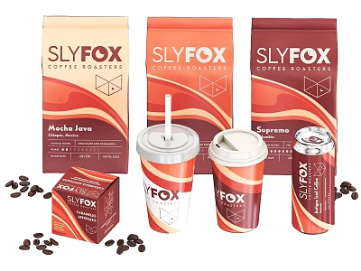SLYFOX Coffee Roasters Coffee Drinks with Macha Java Supremo Flavors in Cups and Bags 3d model